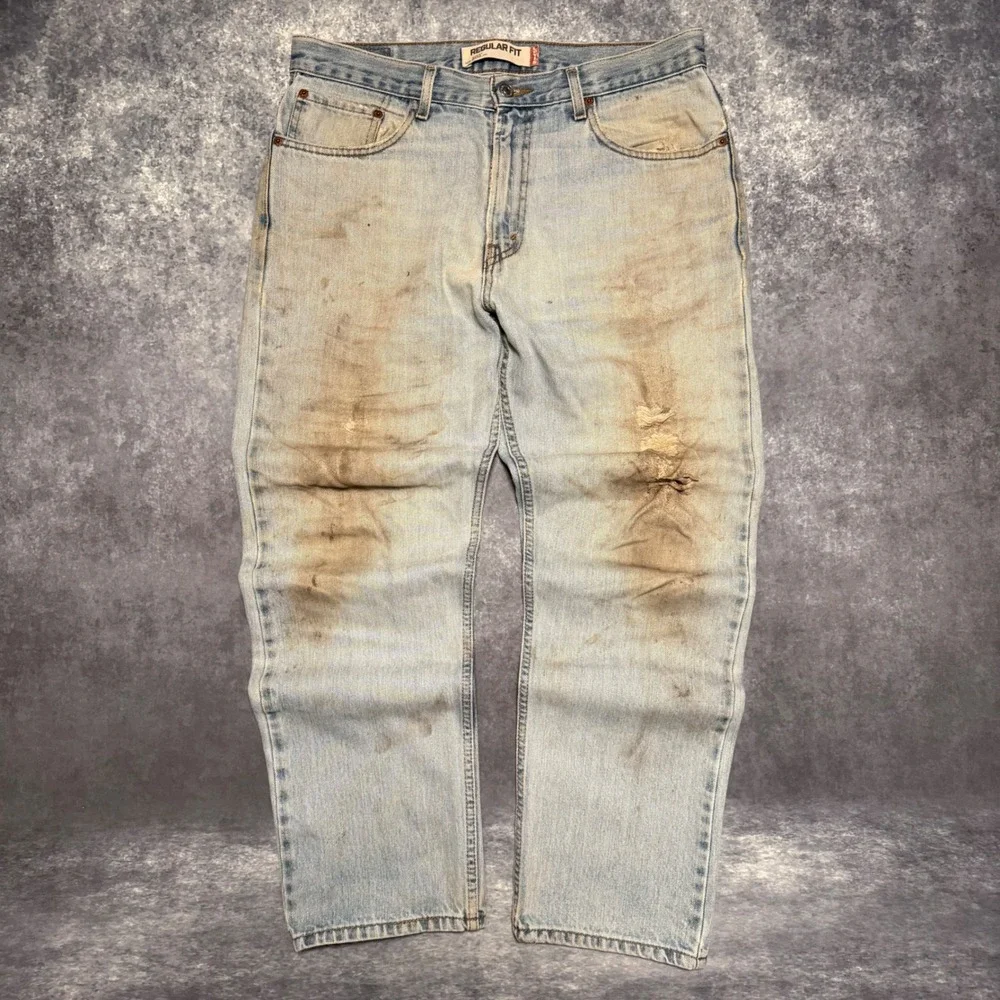 Vintage Levi's 505 Regular Fit Mens Light Wash Distressed Denim Jeans Size 34x30